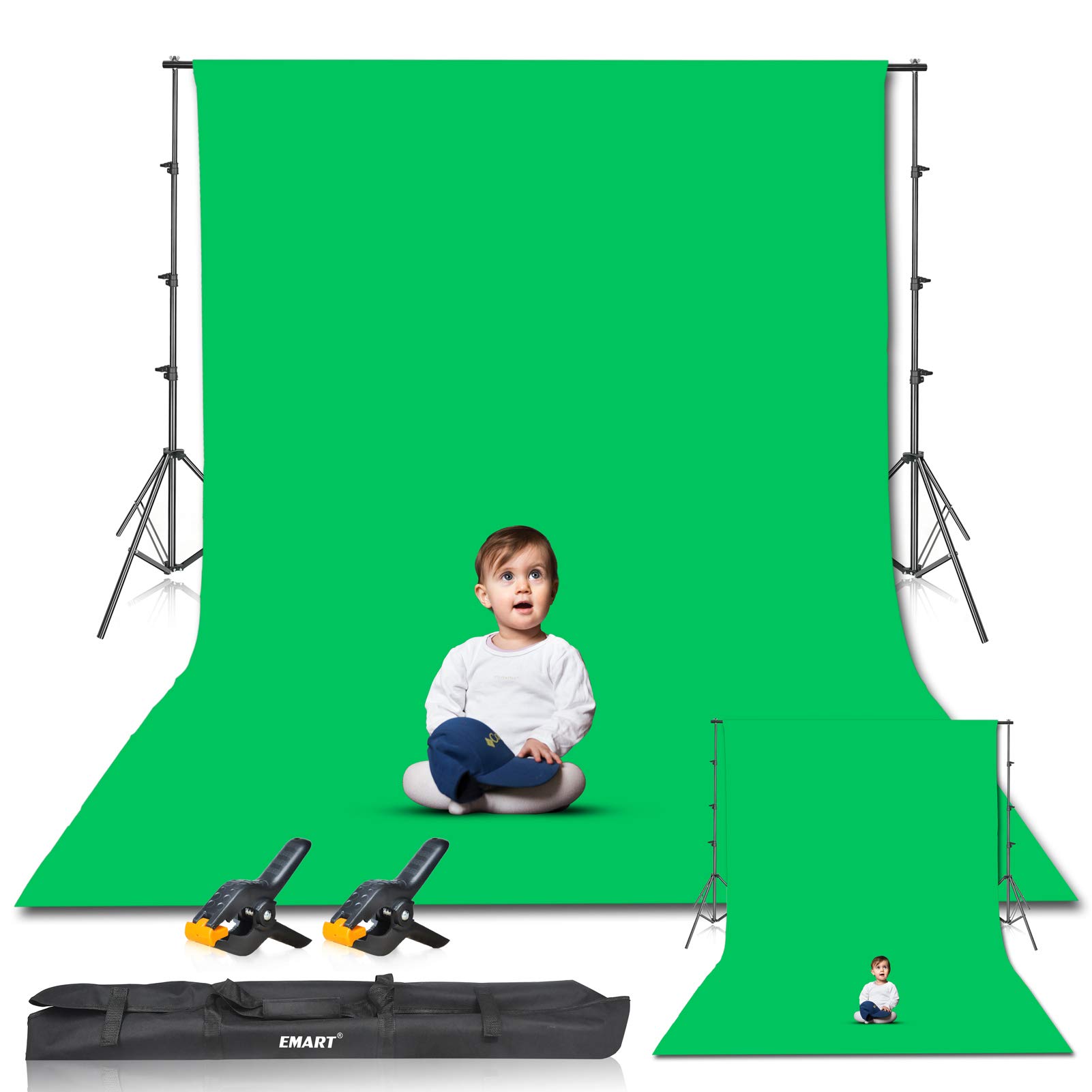 EMART Greenscreen Hintergrund mit Ständer, 2,6x3m Foto Hintergrund Stützsystem, 3X 3,6m Grün Fotohintergrund und 2 Leimzwingen Fotostudio Set für Produkt Porträt YouTube Video Fotografie