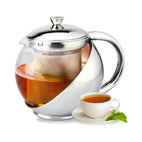 Teekanne mit Filter für Tee und Kaffee – Teekanne mit Deckel und abnehmbarem Filter, aus Glas und Stahl, 17 x 15 x 12 cm, 1,1 l, Silber