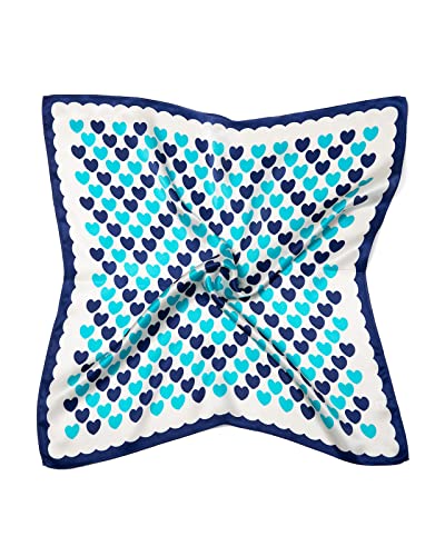MayTree Seidentuch, buntes Halstuch für Damen, Nickituch aus 100% Maulbeer-Seide, quadratisch Herzchen 53x53 (blau weiß)