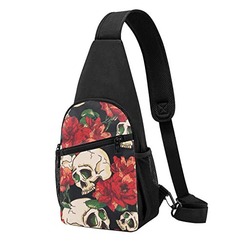 Brusttasche mit Totenkopf-Motiv, bedruckt, für Reisen, Wandern, Tagesrucksack, Schwarz , Einheitsgröße