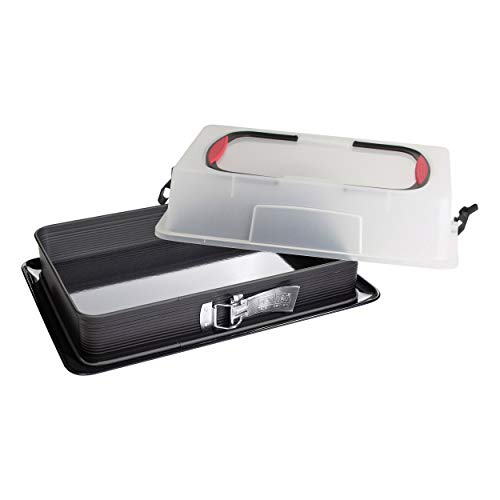Zenker Rechteck-Springform mit Haube DELUXE, Kuchentransportbox mit Emaille-Boden, Backblech mit Deckel (Farbe: Schwarz/Transparent/Rot), Menge: 1 Stück