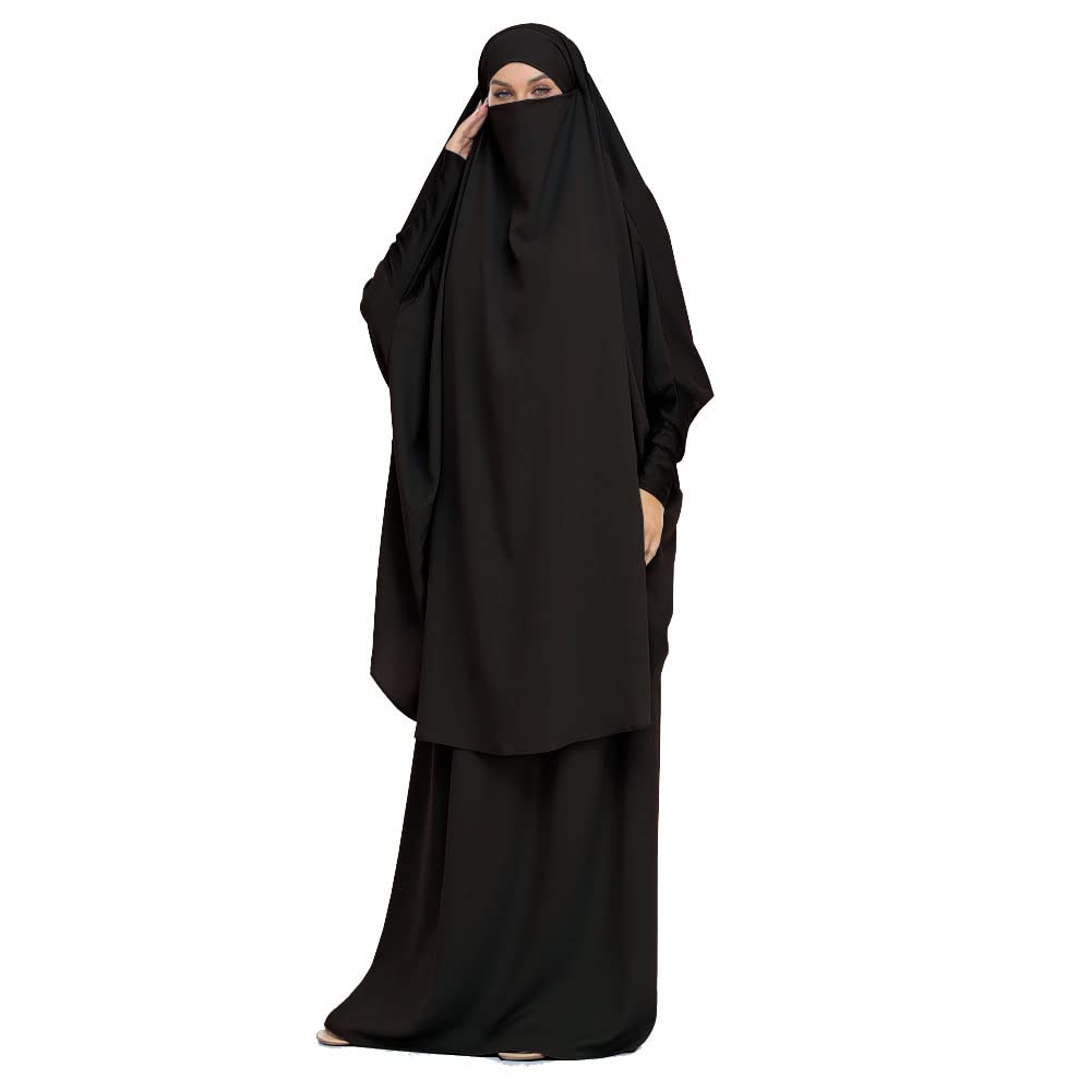 DOTBUY-SHOP Muslimisches Kleid Damen Einfarbig Zweiteiliger Muslim Lange Robe mit Hijab Naher Osten Dubai Arab Islamischer Ramadan Sommerkleid Gebetskleidung Abaya für Frauen