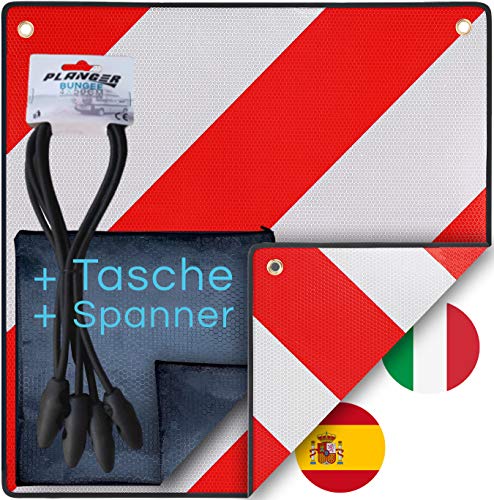 PLANGER® - Warntafel Italien und Spanien (Schild + Tasche + Spanner) 2in1 (50 x 50 cm) - Reflektierendes Warnschild rot weiß für Heckträger u Fahrradträger