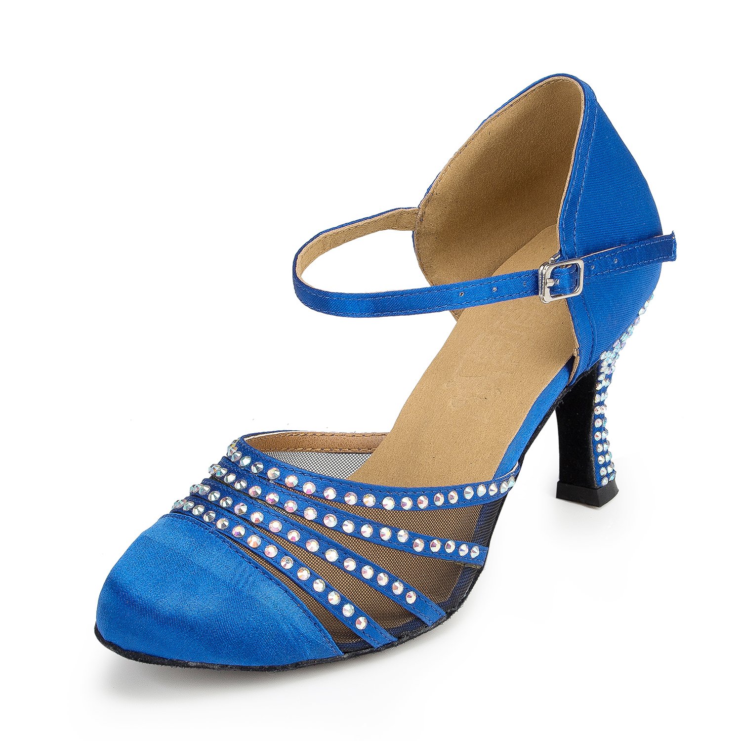 URVIP Neuheiten Frauen's Pailletten Heels Absatzschuhe Moderne Latein-Schuhe mit Knöchelriemen Tanzschuhe LD036 Blau 38 EU