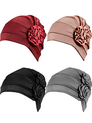 WILLBOND 4 Stücke Turban Blume Kopfwickel Mütze Schal Kappe Haarausfall Hut für Männer und Frauen (Weinrot, Khaki, Schwarz, Grau)