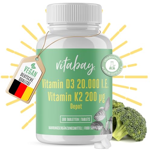 Vitabay Vitamin D3 20.000 I.E. + K2 200 mcg Depot | Premium: 99,99% All Trans | Hochdosiert & Bioverfügbar | 180 vegane Tabletten | Laborgeprüft & hergestellt aus hochwertigen Rohstoffen