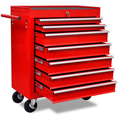 Tidyard Metall Werkstattwagen Werkzeugwagen Werkzeugtrolley mit 7 Schubladen und 4 Lenkrollen, Abschließbar, Rot