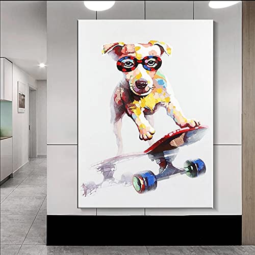 Bunte Graffiti-Kunst, Tier-Leinwandgemälde, Skateboard-Hund, Poster und Drucke, Wandkunst, Bild, Heimdekoration, 70 x 100 cm (28 x 39 Zoll) mit Rahmen