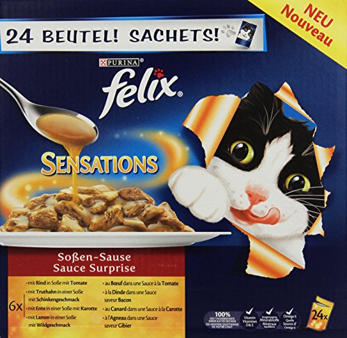 Felix Sensations, Katzennassfutter, Vitamine & Omega 6, Saucen Geschmacksvielfalt vom Land I Adult I 4er Pack (4 x 24 x 100g)