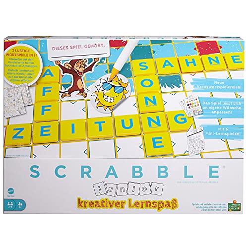 Mattel Games HCK86 - Scrabble Junior Kids Kreuzworträtsel-Spiel mit 2 Spielebenen, 6 Minispielen & Aufklebern für die individuelle Gestaltung, Brettspiel ab 6 Jahren