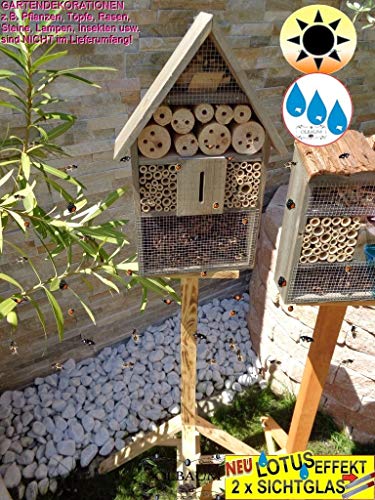 1x XL Insektenhotel, mit Lotus+2xBrutröhrchen, Bienenhaus Spitzdach Klassik mit Standfuß UND TRÄNKE insektenhotel grau