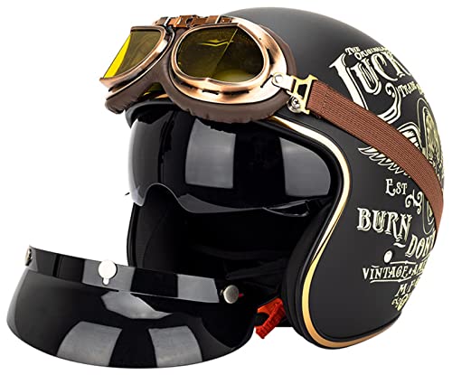 BAUTI Retro-Motorradhelm mit offenem Gesicht Schutzbrille abnehmbare Krempe einziehbare Sonnenblende ECE-zugelassener 3/4-Jethelm Motorrad-Halbhelm für Männer Frauen Moped Roller 5,L=(59-60CM)