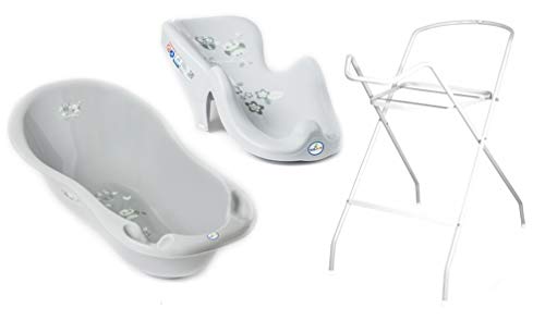 3er Set Baby-Badewanne Set ergonomische Babywanne 86 cm + Ständer Gestell + Badesitz Badewannensitz (3er Set, Eulen Grau)