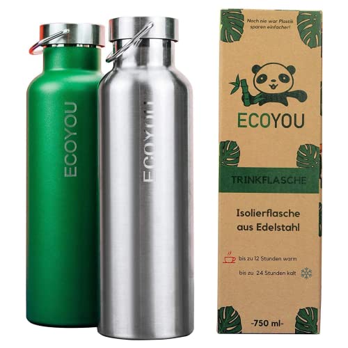 EcoYou® Trinkflasche Edelstahl 750 ml Grün Doppelt Vakuumisoliert für Heiß- & Kaltgetränke | Wasserflasche Isolierflasche Thermoflasche | Öko Sportflasche Outdoor Flasche | Auslaufsicher & BPA-frei