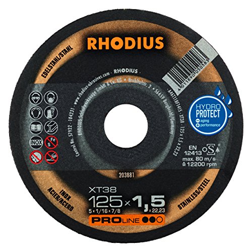 RHODIUS XT38 | 10 Stück Ø 125 mm x 1,5 mm | Trennscheibe Metall | Made in Germany | Dose | für Winkelschleifer, INOX, Edelstahl, Stahl