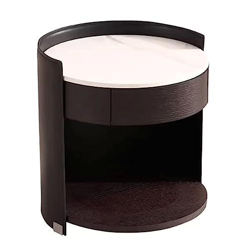 KiLoom Schlichter Nachttisch, luxuriöser runder Beistelltisch aus Holz, Marmorplatte, Nachttisch mit Schublade, Nachttisch, Leder, modern (schwarz, 47 x 47 x 49 cm)