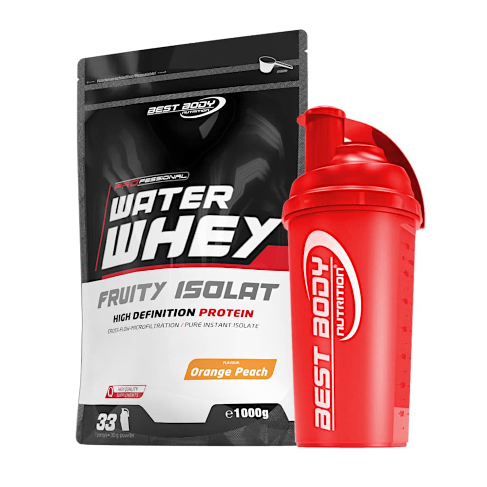 1 kg Best Body Nutrition Water Whey Fruity Isolate Molkenprotein + Protein Shaker (Orange Peach (Shaker rot))