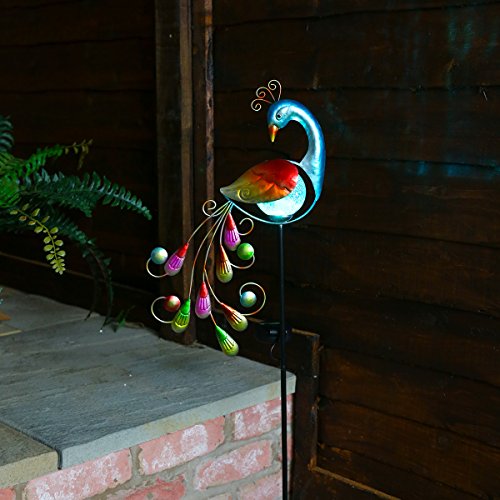 solarbetriebene Garten Leuchte im Pfau-Design, aus mehrfarbigen Metall und Echt-Glas gefertigt, mit farbwechselnder LED, von Festive Lights