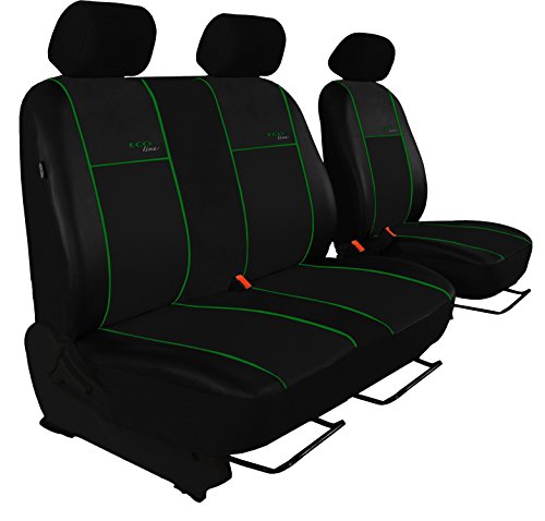 POK-TER-TUNING Maßgefertigte Sitzbezüge für T5 Transporter Fahrersitz + 2er Beifahrersitzbank Design Kunst-Line. Hier mit Grüner Lamelle