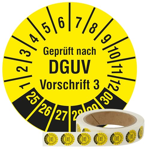 Labelident Mehrjahresprüfplaketten 2025-2030 - Geprüft nach DGUV Vorschrift 3 - Ø 20 mm, 1.000 widerstandsfähige Prüfplaketten auf Rolle, Polyethylen, gelb, selbstklebend