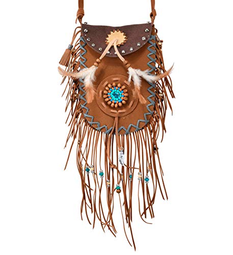 shoperama Damen Umhängetasche mit Fransen Federn Perlen Indianerin Hippie Cowgirl Festival Ethno Kostüm-Zubehör