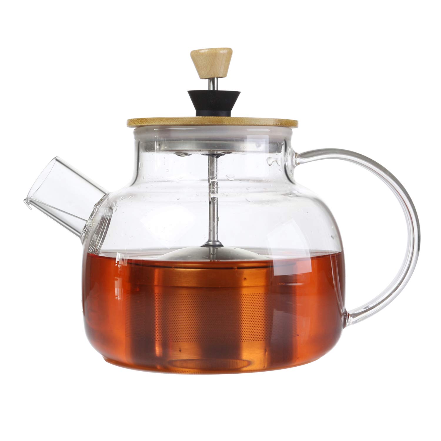 IDEALUX Glas-Teekanne mit Bambusdeckel und SUS304 Edelstahl-Tee-Ei-Filter, 963 ml, Herd-sicherer Teekessel für losen Tee