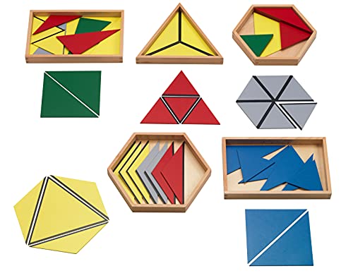 Konstruktive farbige Montessori-Dreieicke zur Geometrie, 5 Holzboxen, Komplettset zur Montessori-Freiarbeit mit Dreiecken