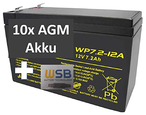 10x AGM 12V 7,2Ah Blei-Akku WP7.2-12 VDs Akku, Faston 6,3mm inkl. 2X Anschluß-Adapter