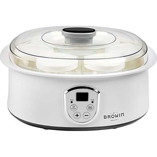 Browin 801015 Joghurtbereiter, Joghurtmaschine mit Thermostat und Gläsern, 7 Joghurtgläser mit Deckel, 1,3 L, 20 W, Plastic, Glass