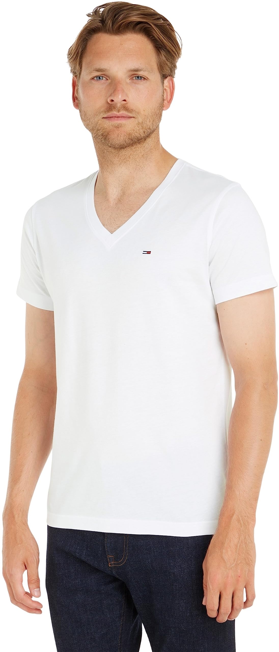 Tommy Hilfiger T-Shirt Herren Kurzarm TJM Original V-Ausschnitt, Weiß (Classic White), M