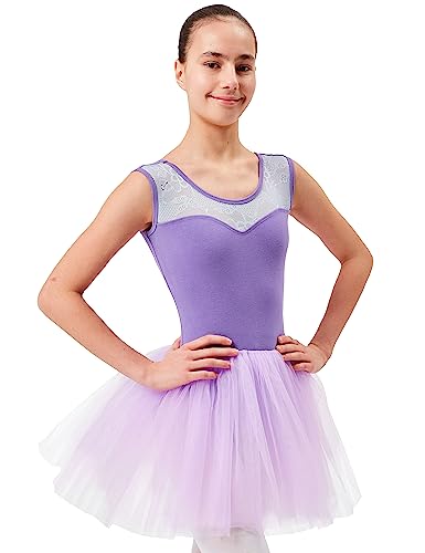 tanzmuster Kinder Ballett Tutu Lottie aus weicher Baumwolle mit Breiten Trägern und Spitzeneinsatz vorn in Lavendel, Größe:128/134
