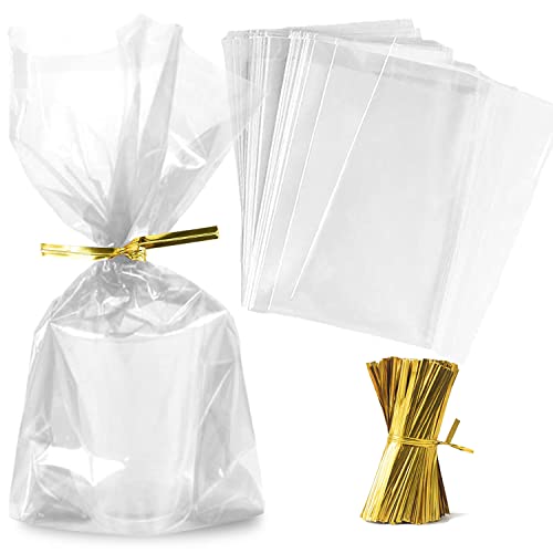 Zcintert Transparente Zellophanbeutel, 100 Stück – 39,9 x 50 cm, Kunststoff-Geschenktüten für Süßigkeiten, Partyzubehör, Kekse, Süßigkeitenverpackung, mit 10,2 cm Bindebändern