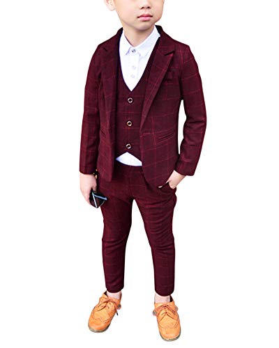 Jungen Anzüge Kinder Schlanke Passform Klassisches Kariertes Anzug-Set Mit Jacke Weste Und Hosen Violett Rot 100