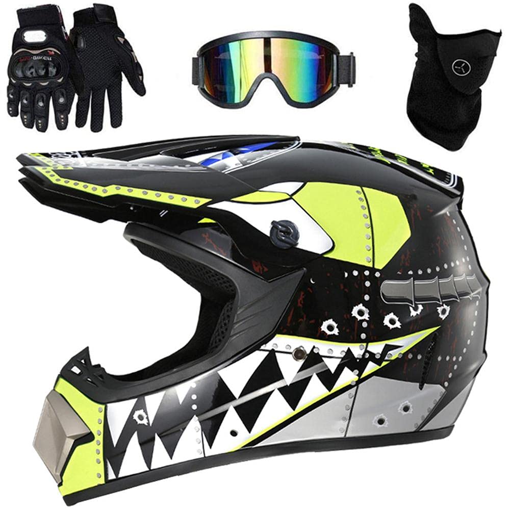 HUSHUI Motocross-Helm, MTB-Motorradhelm mit vollem Gesicht Offroad-Dirtbike-Motorrad- / Mountainbike-Helm mit Schutzbrille Handschuhe Gesichtsschutz für Erwachsene