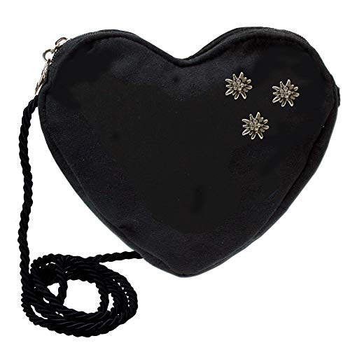 Alpenflüstern Herztasche Strass-Edelweiß Mini - Damen Trachtentasche in Herzform, Schultertasche fürs Dirndl, Herz Handtasche zur Tracht, Dirndltasche (schwarz) DTA080