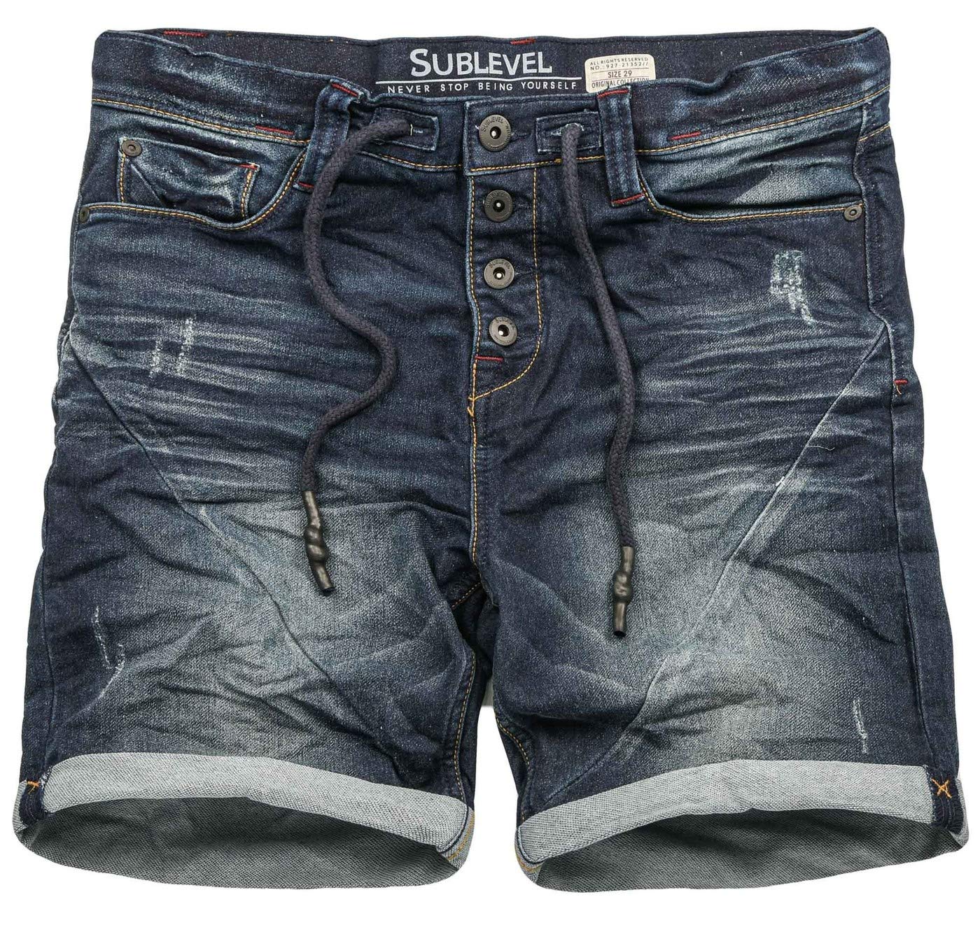 Sublevel Herren Sweat Jeans Shorts Kurze Hose Bermuda Sommer Sweathose Slim [B587-Dunkelblau-Used-W31]