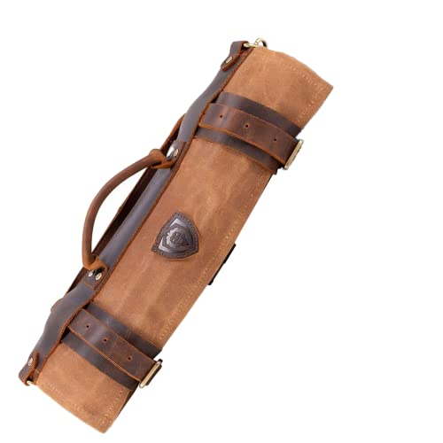 DALSTRONG - Nomad Knife Roll - 12oz Heavy Duty Canvas & Top Grain Leather Roll Bag - 13 Slots - Interior and Rear Zippered Pockets - Blade Travel Storage/Case (Desert Drifter (Brown))