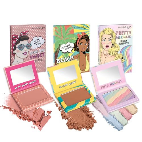 Misslyn | Blush Make-up Palette für Damen mit Spiegel, Volumengebendes und feuchtigkeitsspendendes Puder für Konturen des Gesichts - Set mit drei Paletten