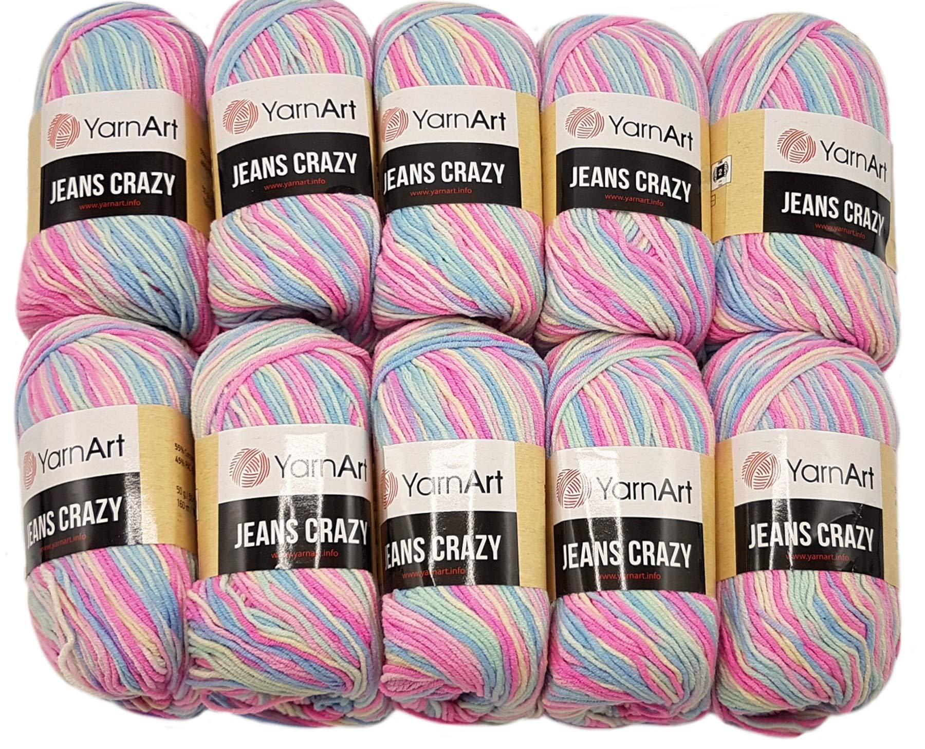 YarnArt Jeans Crazy Strickwollknäuel,10er-Packung, 50 g, aus 55 % Baumwolle, 500 g Wolle mit mehrfarbigem Farbverlauf (Rosa, Blau, Mint usw. 7205)