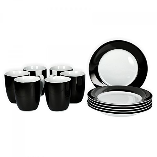 Van Well Frühstücksset 12-tlg. für 6 Personen Serie Vario Porzellan - Farbe wählbar, Farbe:schwarz
