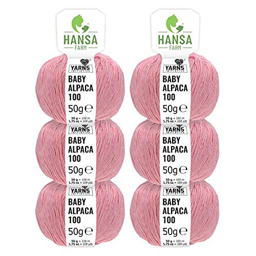100% Baby Alpakawolle in 50+ Farben (kratzfrei) - 300g Set (6 x 50g) - weiche Alpaka Wolle zum Stricken & Häkeln in 6 Garnstärken by Hansa-Farm - Perlrosa Heather (Rosa)