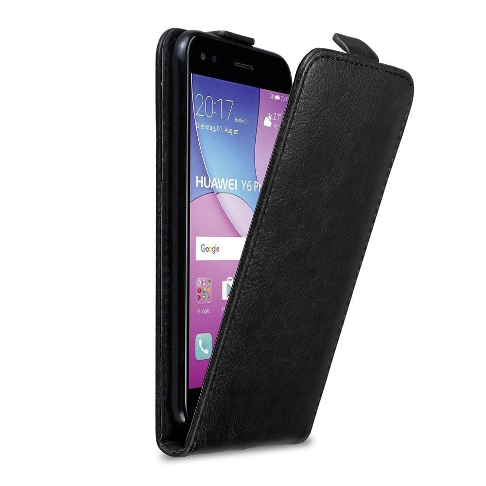 Cadorabo Hülle kompatibel mit Huawei Y6 PRO 2017 Flip Design aus Premium Kunst Leder Flip Klappbare Stoßfeste Magnetische Cover Hülle für Huawei Y6 PRO 2017 Tasche in Schwarz