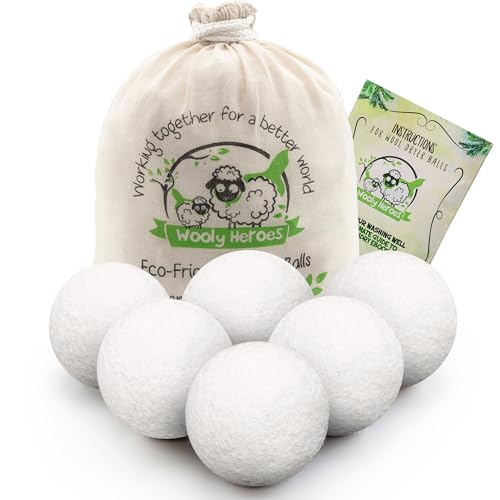Wooly Heroes Woll-Trocknerbälle – biologisch umweltfreundlich – 6 Stück XL ~ wiederverwendbarer Weichspüler ~ mit kostenlosem E-Book für natürliche Wäsche (komplett weiß)