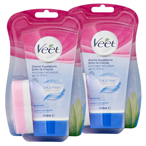 2 x Veet Silk & Fresh Technology Enthaarungscreme unter der Dusche für empfindliche Haut – 2 Flaschen à 150 ml