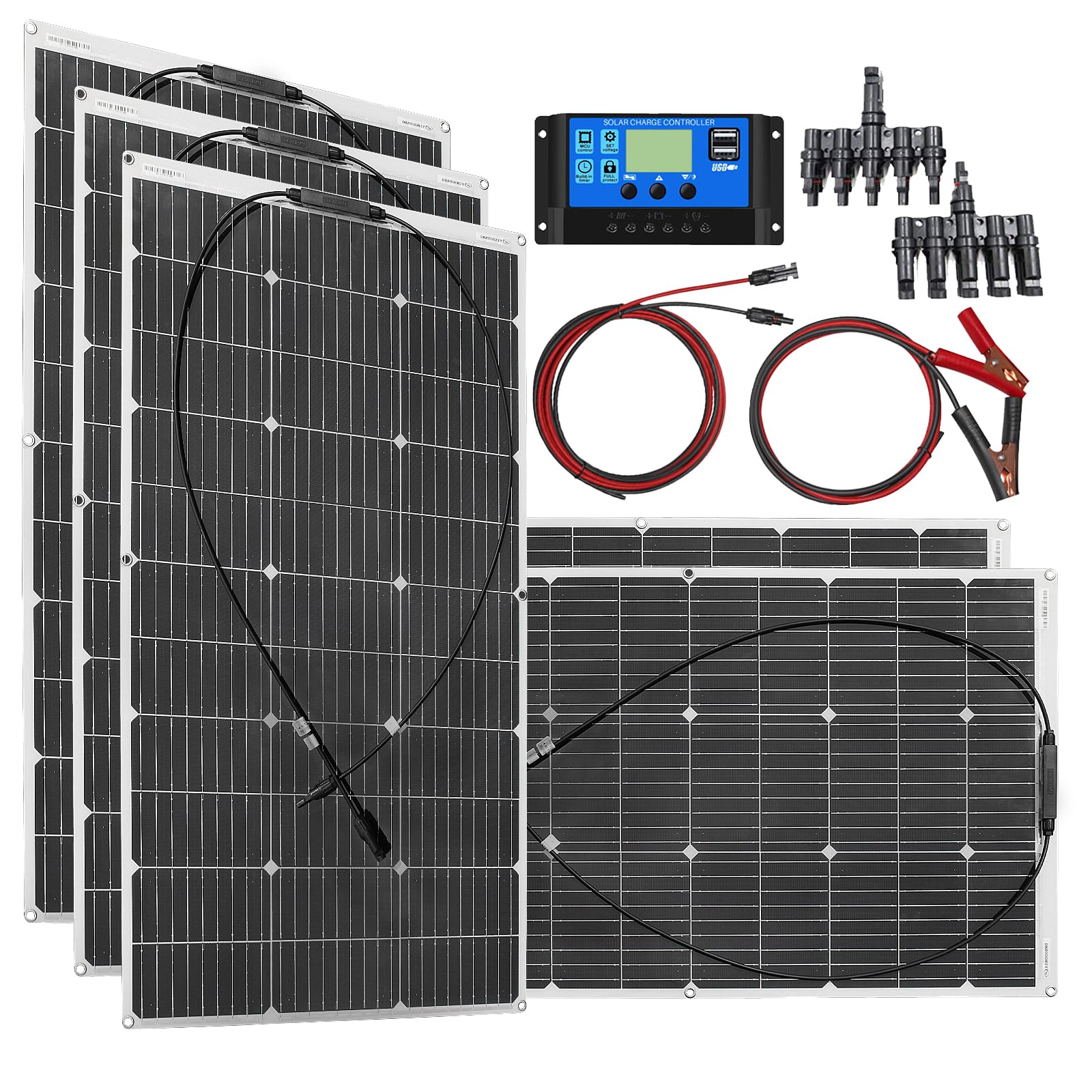 Flexibles 500W Solarpanel Kit, 5 * 100W monokristallin Solarzelle Solarladung mit 50A Controller USB Ausgang zum Aufladen von 12V Batterien (belüftetes AGM-Gel) für Auto, Boote, Dächer