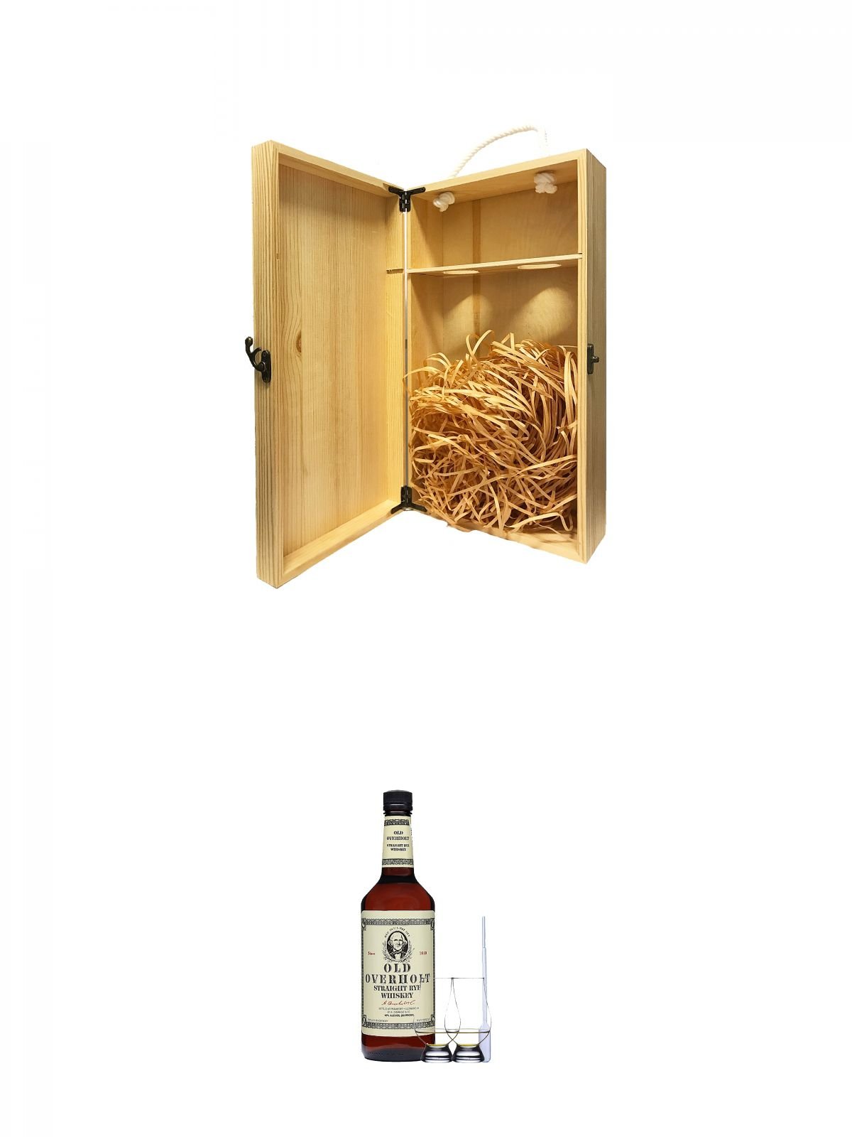 1a Whisky Holzbox für 2 Flaschen mit Hakenverschluss + Old Overholt 4 Jahre Straight Rye Whiskey 1,0 Liter + 2 Glencairn Gläser + Einwegpipette 1 Stück