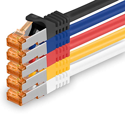 1aTTack.de 5m - Cat.7 Netzwerkkabel 5-Farben 03-5 Stück Gigabit Ethernet LAN Kabel 10000 Mbit s Patchkabel Cat7 Kabel S FTP PIMF Schirmung LSZH Cat.7 Rohkabel Rj45 Stecker Cat 6a - 5 x 5 Meter