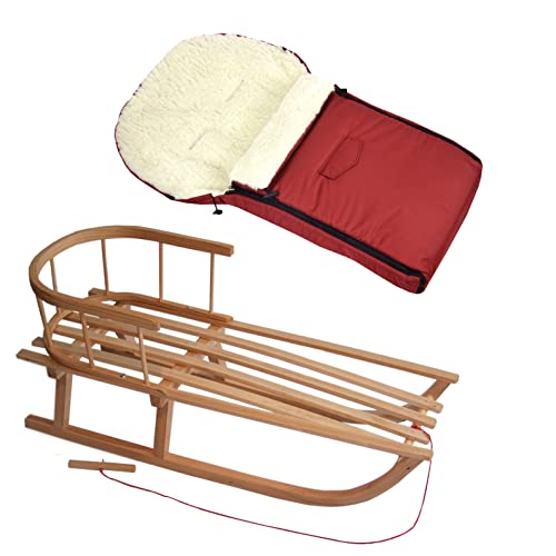 Kombi-Angebot Holz-Schlitten mit Rückenlehne & Zugseil + universaler Winterfußsack (90cm), auch geeignet für Babyschale, Kinderwagen, Buggy, Lammwolle Uni (bordeaux + Schlitten)