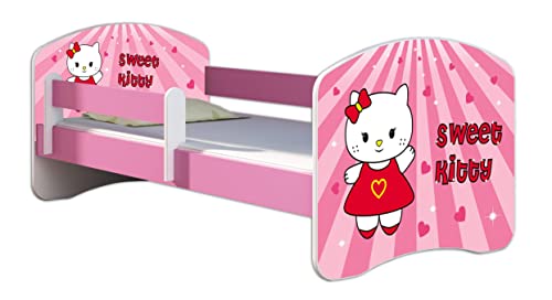 Kinderbett Jugendbett mit einer Schublade und Matratze Rausfallschutz Rosa 70 x 140 80 x 160 80 x 180 ACMA II (15 Sweet Kitty, 80 x 160 cm)