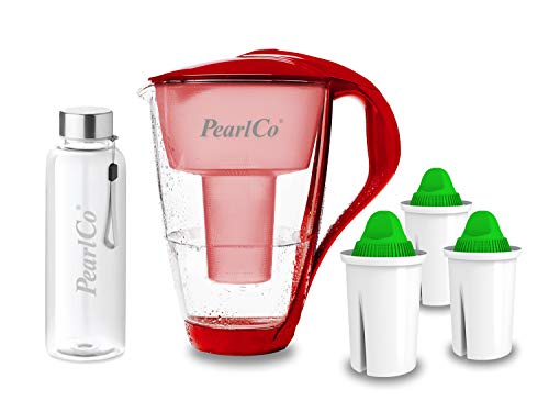 PearlCo - Glas-Wasserfilter (rot) mit 3 Alkaline classic Filterkartuschen + 1 Trinkflasche aus Glas